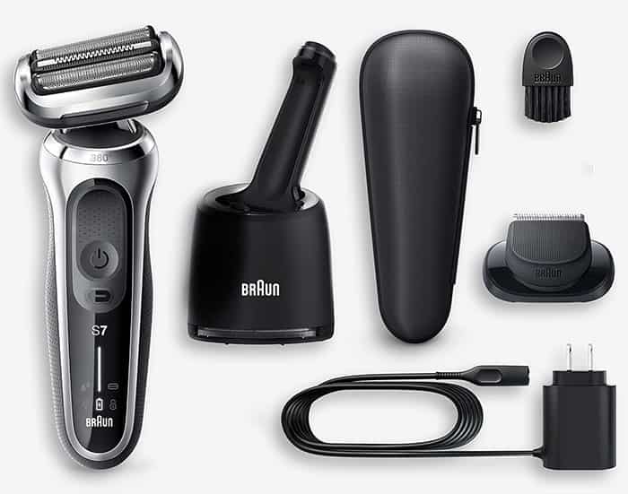 all items after unboxing the Braun 7071cc electric shaver